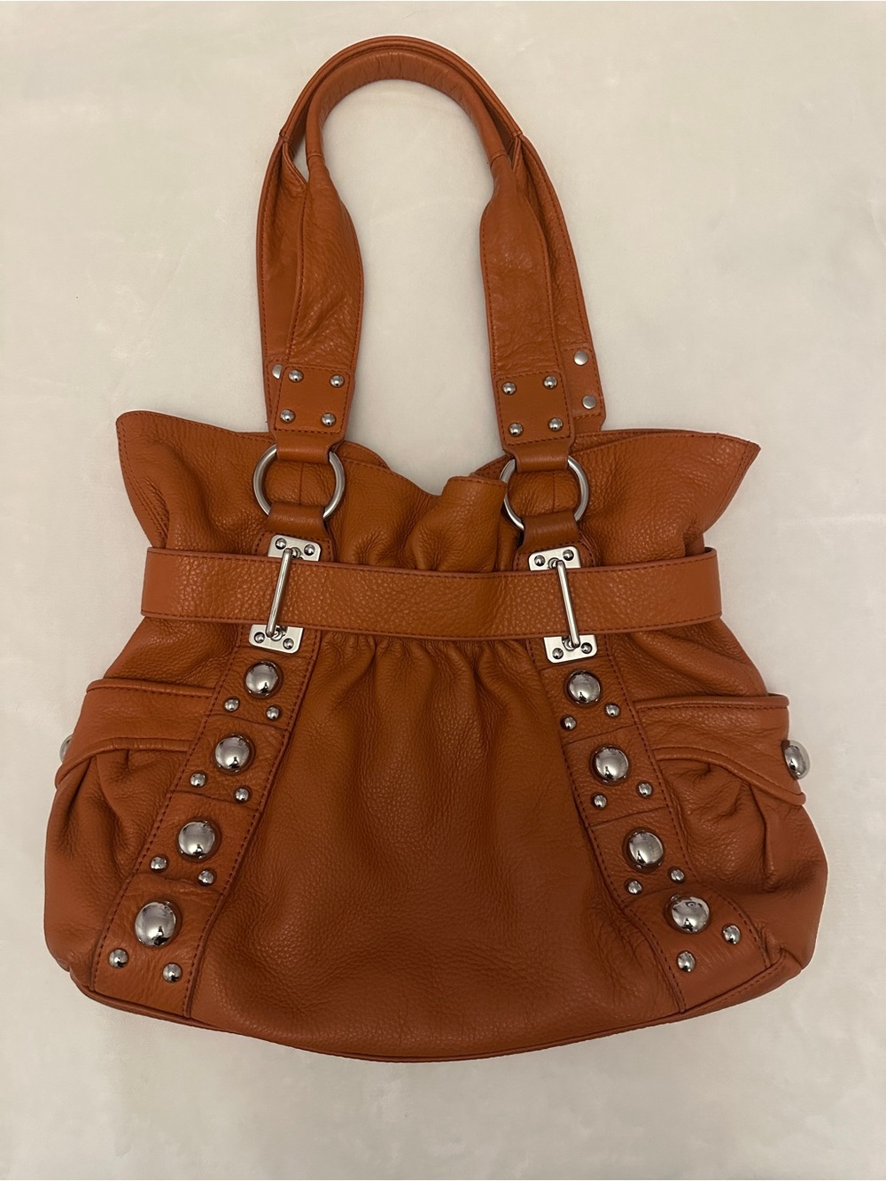 Studded Leather Shoulder Bag in Cognac